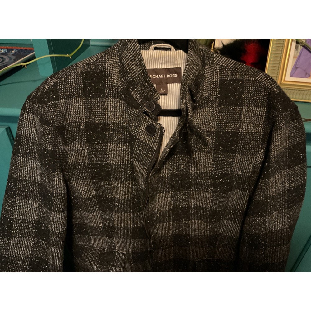 Michael Kors Mens Black Grey Plaid Wool Blend Zip Button Front Jacket Large